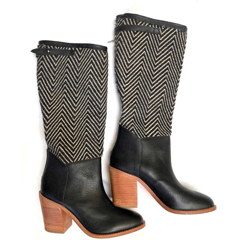 Loeffler Randall Black Leather Herringbone Knit Tall Knee Riding Boots, 9 (10)